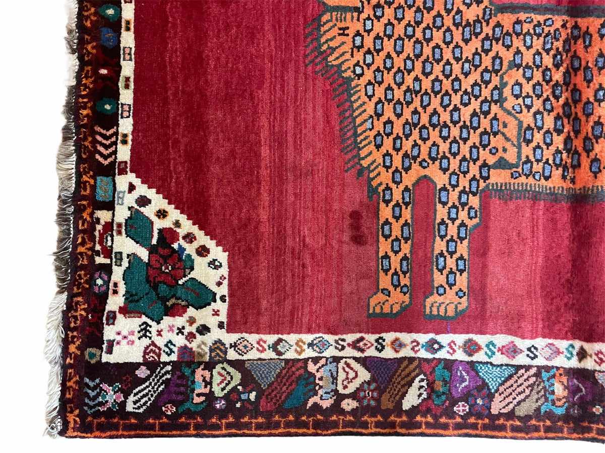 Antique Persian Gabbeh Wool Rug 4x5, Lion Pictorial Rug, Red Orange Black, Hand Knotted Handmade Vintage Gabbeh Carpet 4 x 5 ft, Tribal Rug - Jewel Rugs, view 6