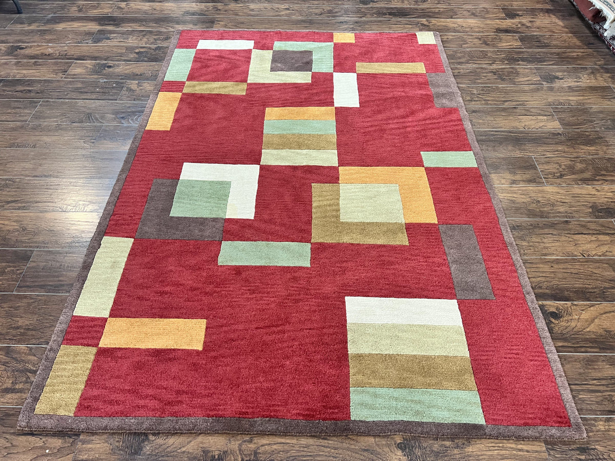 Indo Tibetan Modern Rug 5x8, Abstract Rug 5 x 8 ft, Red Multicolor Wool Handmade Contemporary Area Rug - Jewel Rugs, view 2