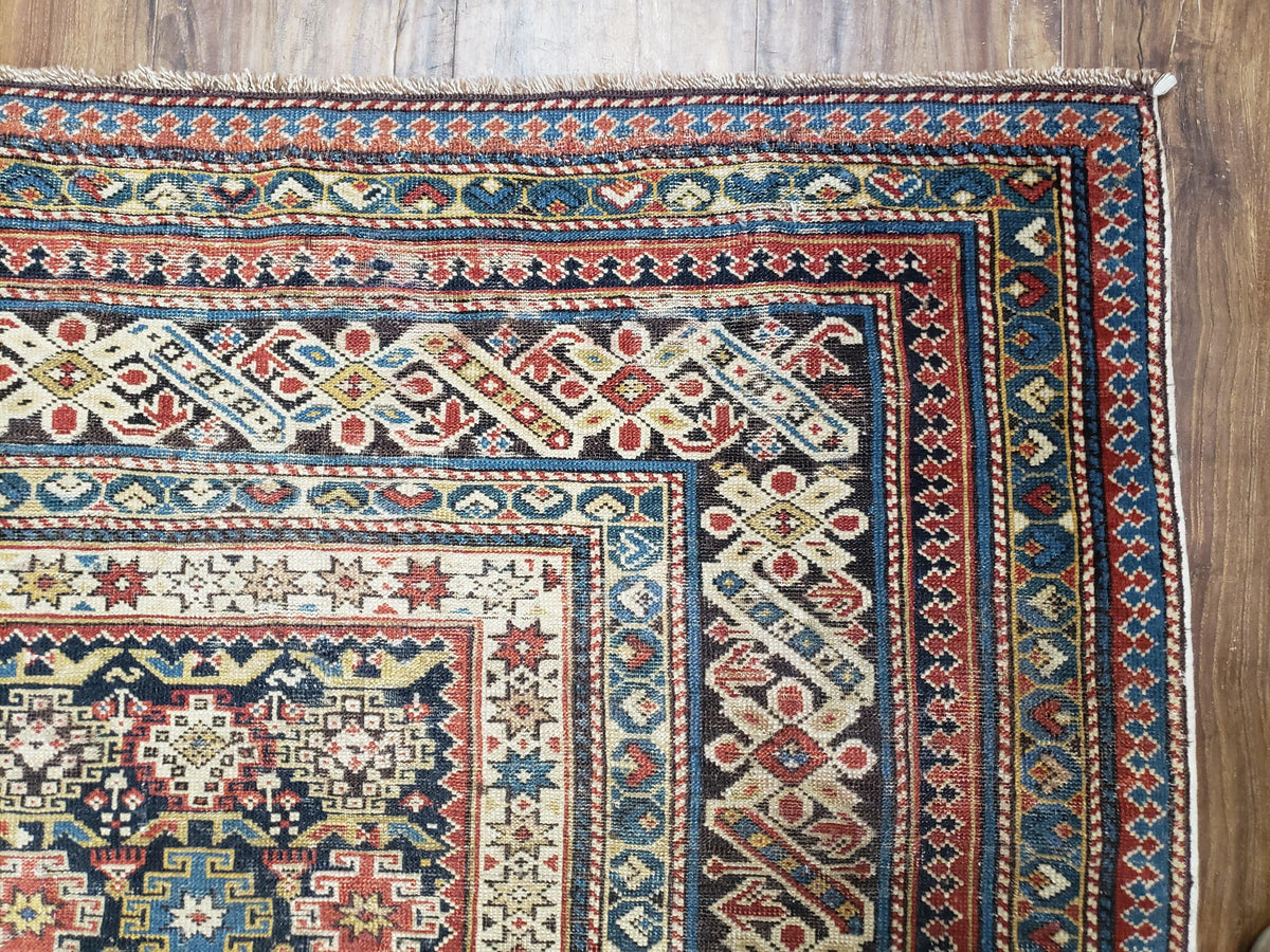 Caucasian Rug 3'9" x 5'7", Antique 1920s Collectible Caucasian Chi Chi Carpet, Hand Knotted, Colorful, Dark Blue Cream Red, Wool, Small Rug - Jewel Rugs, view 8