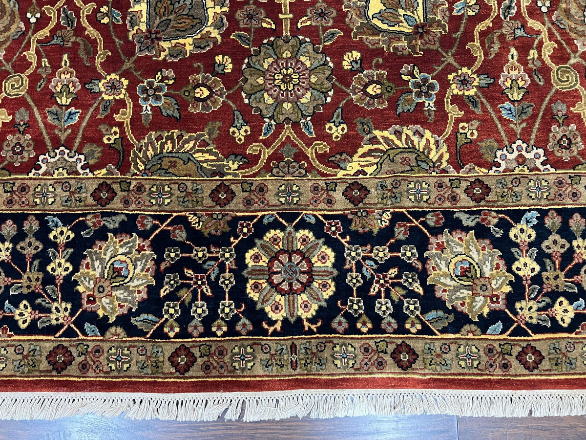 Indo Persian Rug 9x12, Hand Knotted Traditional Indian Wool Oriental Carpet 9 x 12 ft, Maroon and Navy Blue, Floral Allover 9x12 Vintage Rug - Jewel Rugs, view 5