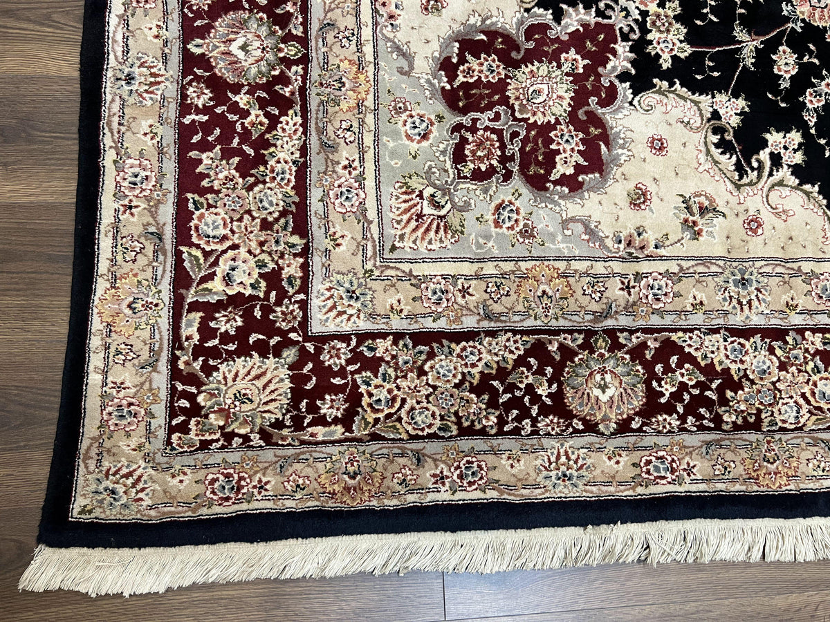 Pak Persian Rug 8.8 x 10.6, Floral Medallion, Wool and Silk Hand Knotted Fine Oriental Carpet, Elegant Rug, Black Gray Burgundy, Room Sized - Jewel Rugs, view 8