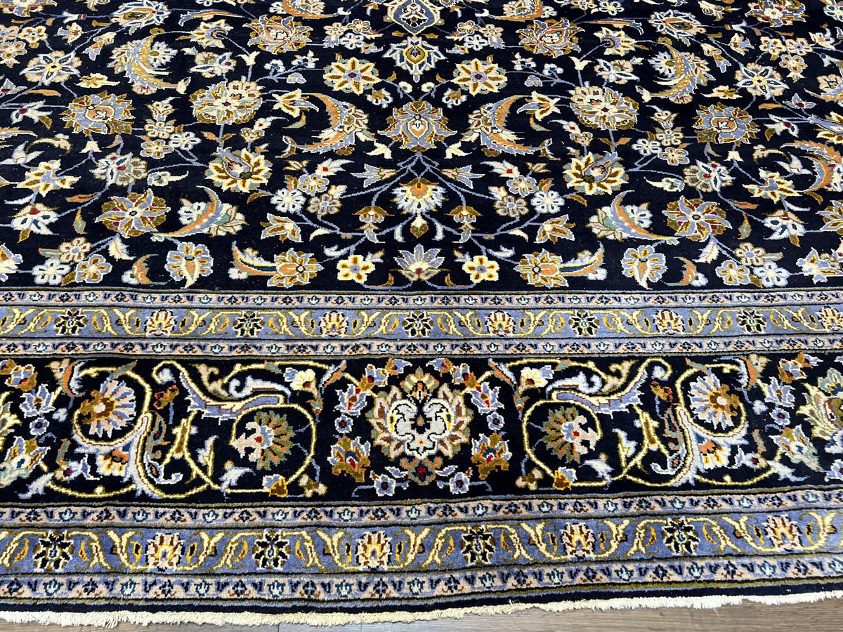 Wonderful Navy Blue Persian Kashan Rug 11x13, Allover Floral Design with Central Medallion, Wool Hand-Knotted Antique Carpet, Signed Rabani Rug - Jewel Rugs, view 12