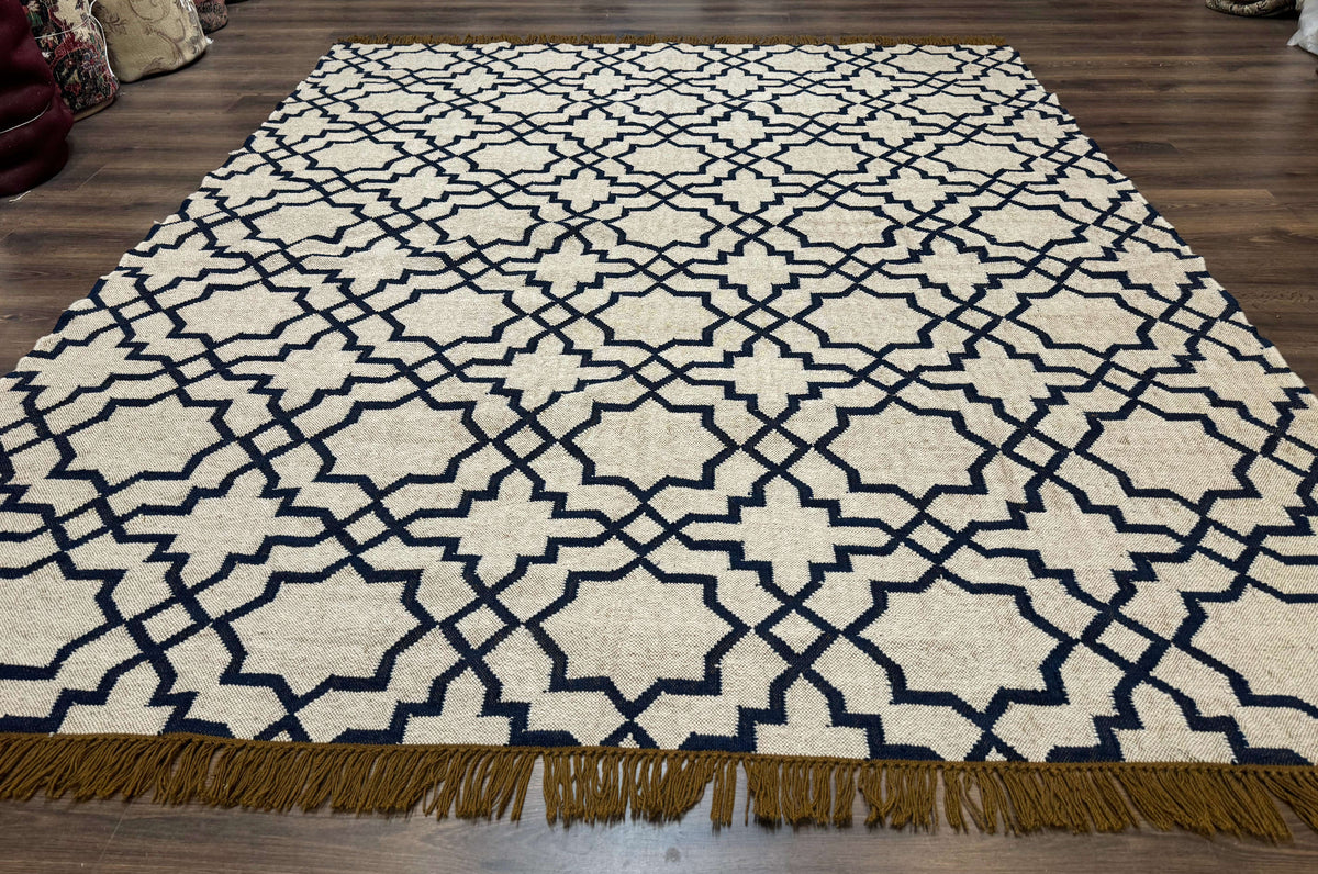 Indian Kilim Rug 8x10, Oat and Navy Blue, Dhurrie Carpet, Handmade, Wool - Jewel Rugs, view 2