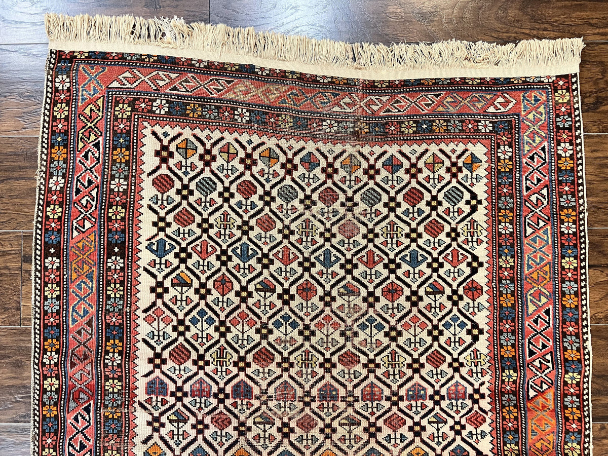 Antique Caucasian Rug 4x5, Hand Knotted Handmade Shirvan Oriental Carpet, Ivory Red Rug Allover Pattern, Rare Wool Rug, Tribal Geometric Rug - Jewel Rugs, view 2