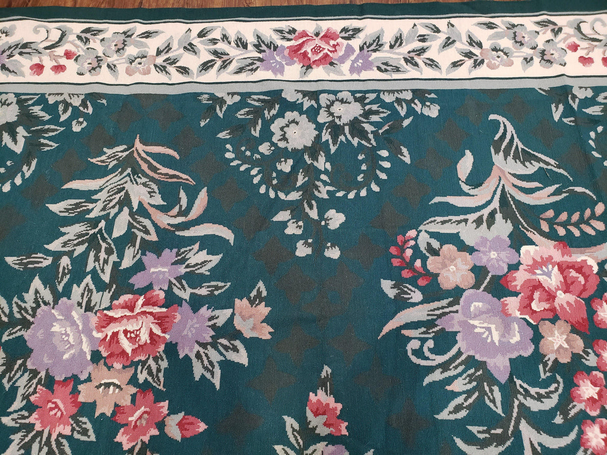 Chinese Needlepoint Rug 8x10, Vintage Green Area Rug, Hand-Woven Flatweave Floral European Design Carpet Wool Handmade 8x 10 Living Room Rug - Jewel Rugs, view 4