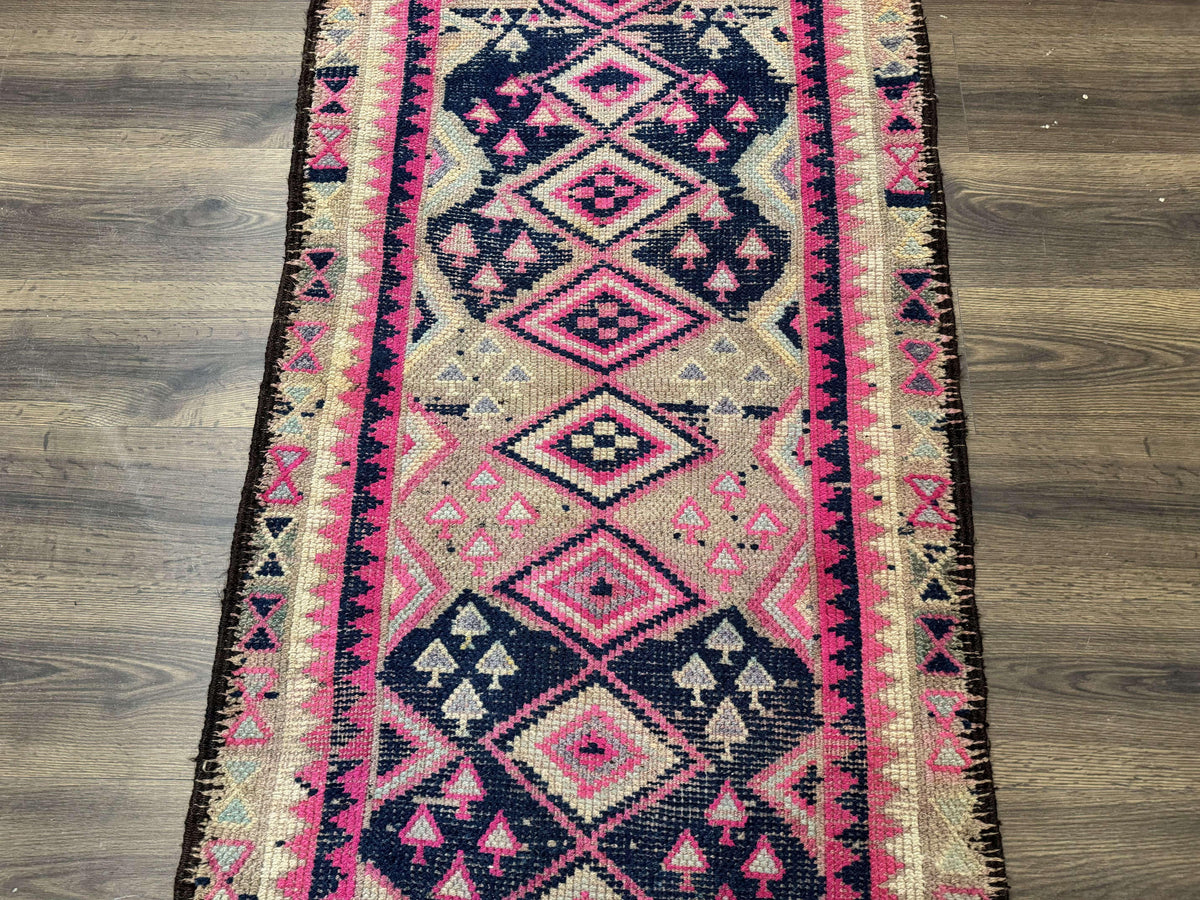 Turkish Runner Rug 3x10, Pink and Navy Blue, Bohemian Runner for Hallway or Kitchen, Vintage, Geometric, Tribal - Jewel Rugs, view 9