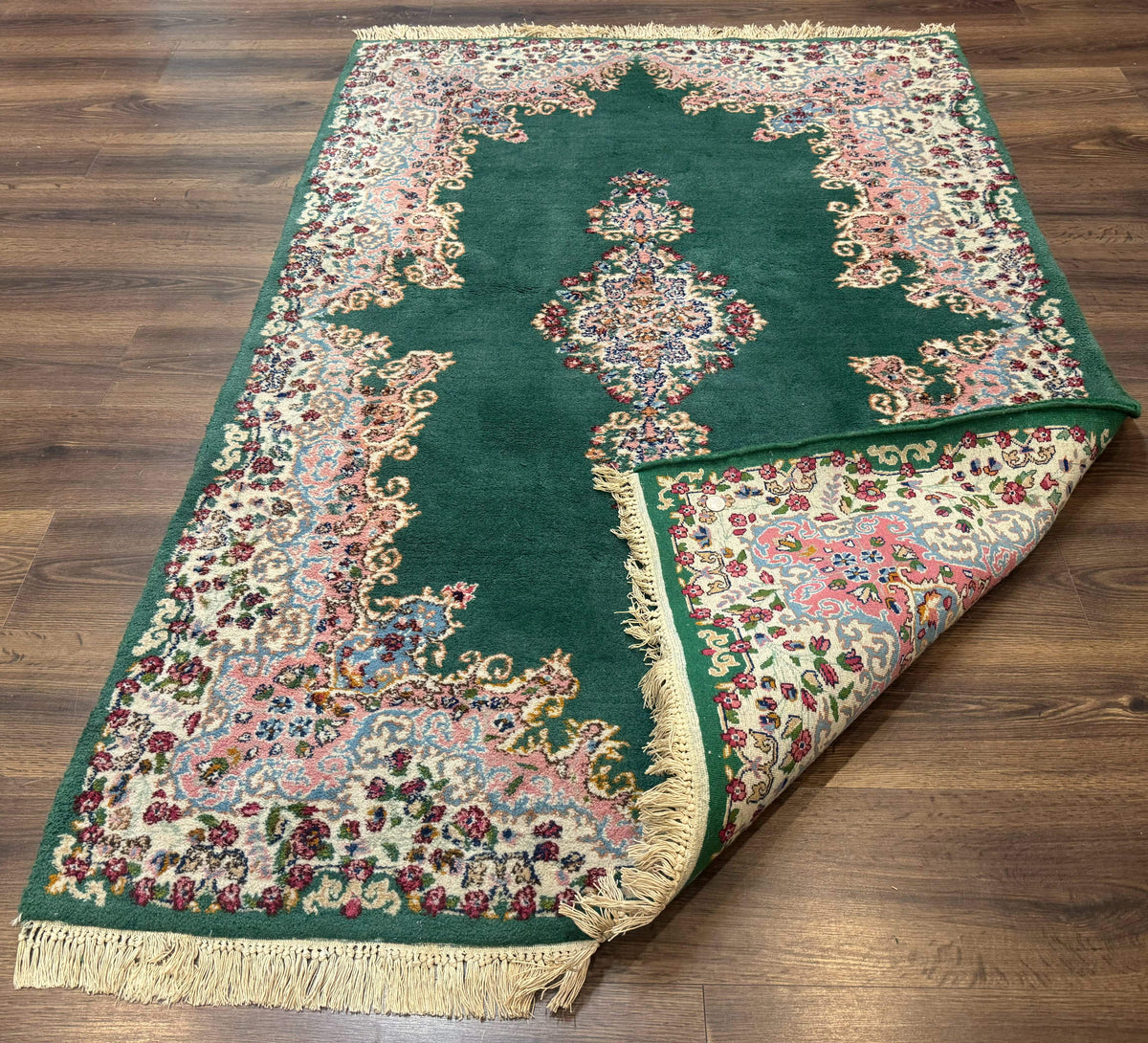 Persian Kerman Rug 4x6, Green Ivory Pink, Wool Vintage, Semi Open Field - Jewel Rugs, view 12