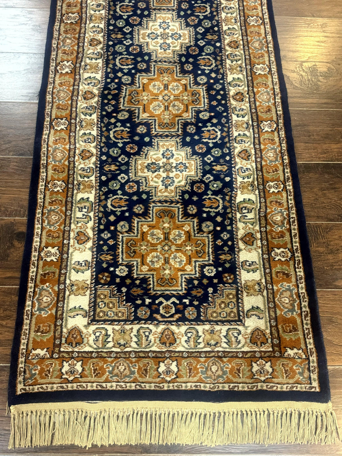 Indo Persian Runner Rug 2.6 x 12.7, Indian Kashmiri Runner for Hallway or Kitchen, Navy Blue, Geometric Medallions, Handmade Wool - Jewel Rugs, view 6