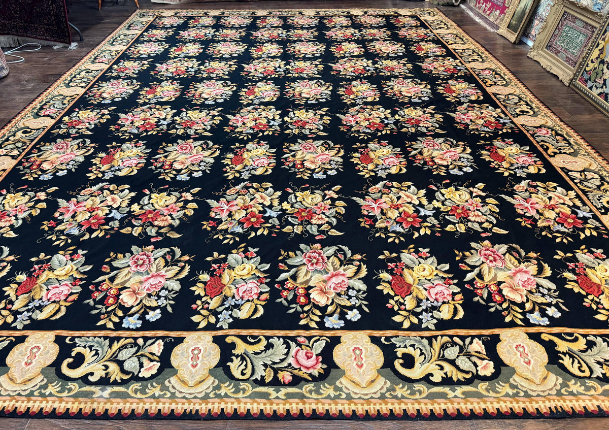 Palace Size Needlepoint Rug 12x16, Black and Colorful, Floral Panel, Handmade Oversized Wool Needlepoint Carpet, Rare - Jewel Rugs, view 2