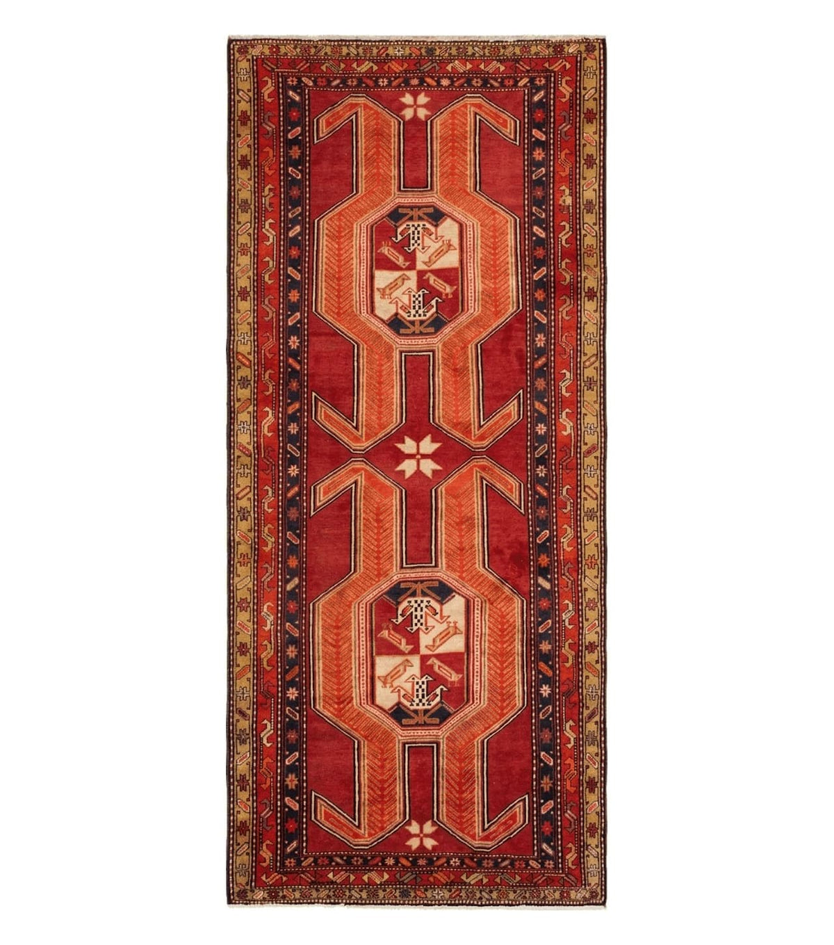 4' 10" X 11' Antique Handmade Turkish Kazak Wool Rug SHIELD Hand Knotted Red - Jewel Rugs