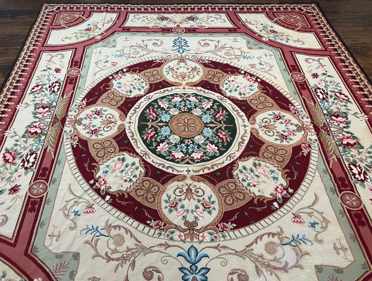 Needlepoint Rug 7.9 x 9, Beige Maroon Rose, Handmade Handwoven Flatweave Aubusson Savonnerie French European Elegant Carpet, Wool Rug - Jewel Rugs, view 12