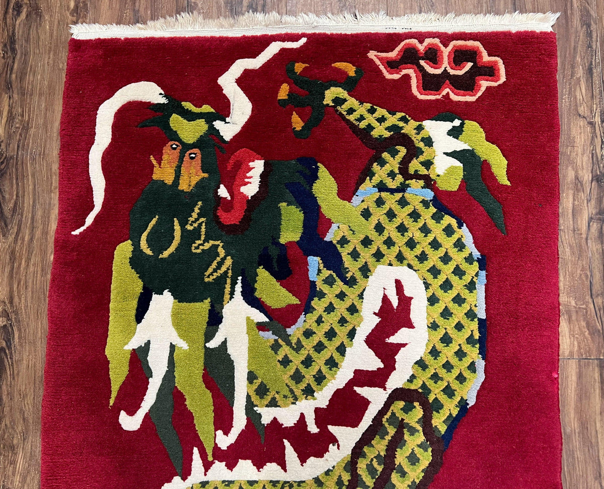 Vintage Chinese Dragon Rug 3 x 6.8, Handmade Hand Knotted Red Chinese Carpet with Gold Dragon, Art Deco Peking Soft Chinese Rug Runner - Jewel Rugs, view 4