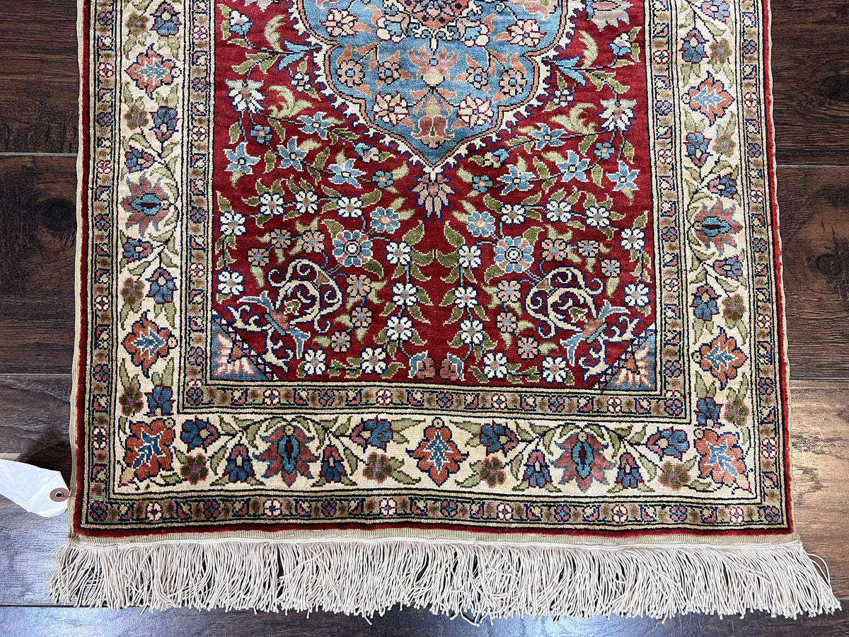 Silk Turkish Kayseri Rug 2x3, Small All Silk Turkish Carpet, Red and Light Blue, Very Fine Hand Knotted Semi Antique Vintage Handmade Rug - Jewel Rugs, view 5