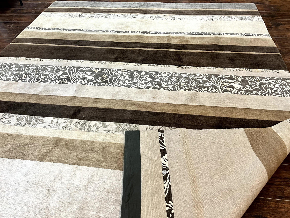 Modern Tibetan Nepali Rug 8x12, Stripe Pattern, Wool with Silk Highlights, Handmade, Beige Tan Brown - Jewel Rugs, view 12