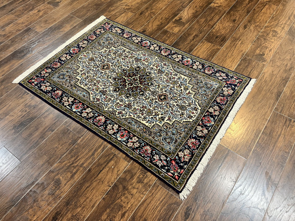 Persian Qum Rug 3x5, Wool with Silk Highlights, Handmade Semi Antique Carpet, Ivory & Navy Blue, Floral Medallion, Finely Hand Knotted - Jewel Rugs, view 12