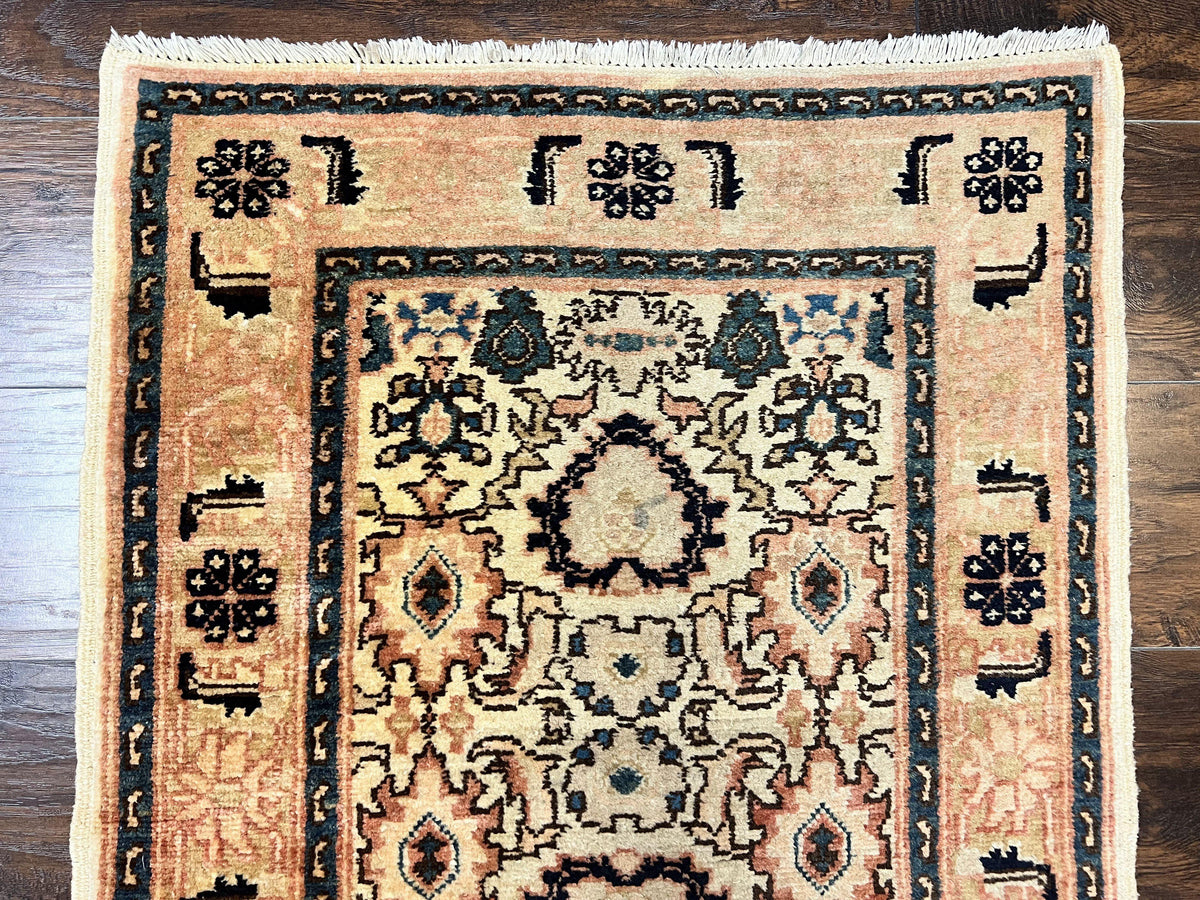 Romanian Runner Rug 2.6 x 12.9, Wool Handmade Hand Knotted Skinny Runner for Hallway, Floral Allover, Vintage Tan Runner - Jewel Rugs, view 3