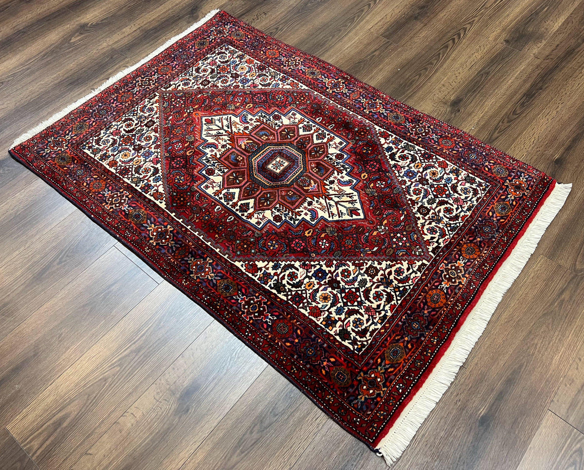 Fine Persian Bidjar Rug 3x5, Geometric Medallion Oriental Bijar Carpet 3 x 5 ft, Ruby Red and Cream, Hand Knotted Wool Rug, Semi Antique Tribal Rug, Nice - Jewel Rugs, view 13