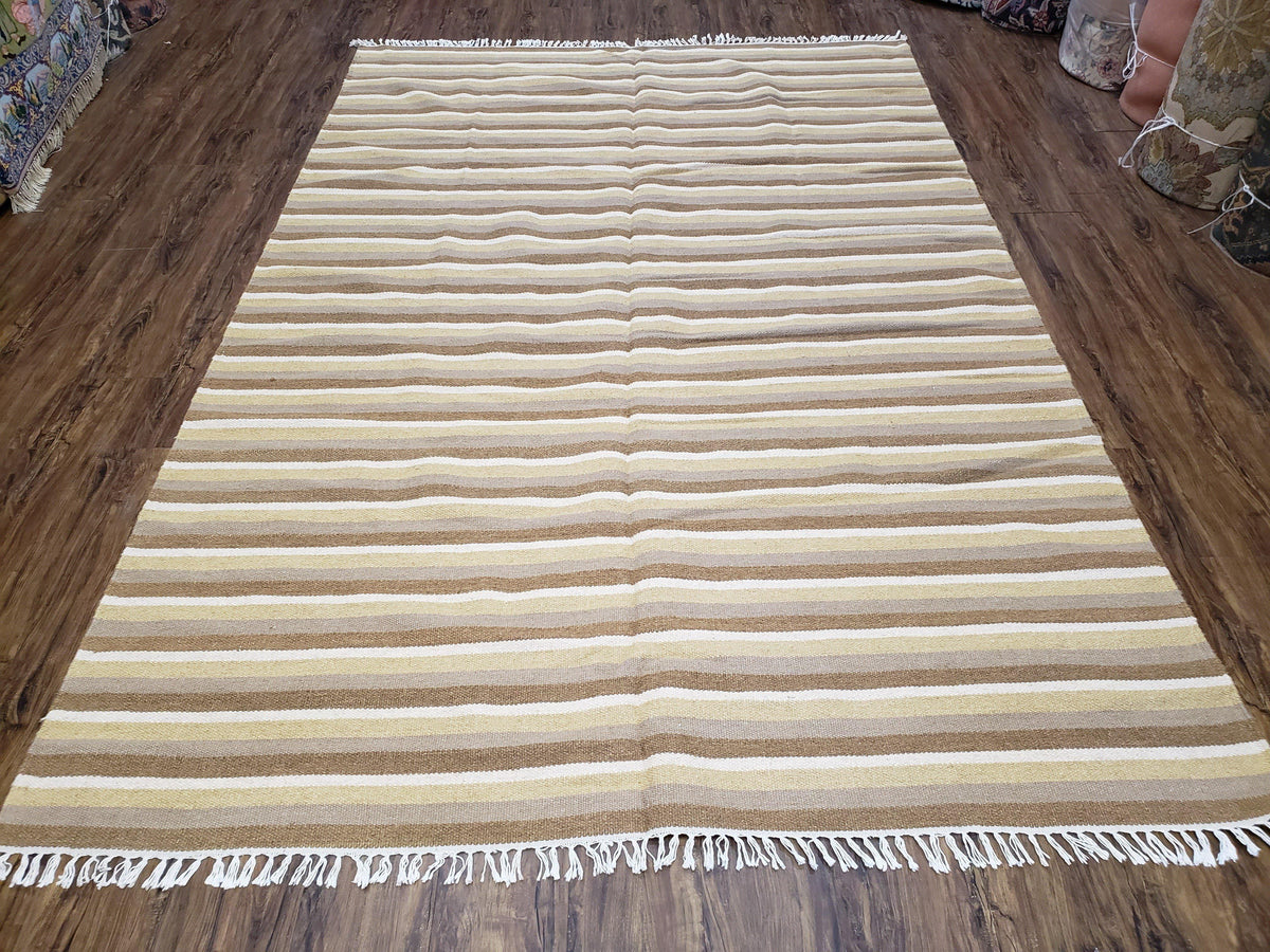 Indian Striped Blanket 6x9, Large Indo Kilim Area Rug, Earthern Tones Woolen Hand-Woven Flatweave South American Style Queen Size Bedspread - Jewel Rugs, view 2