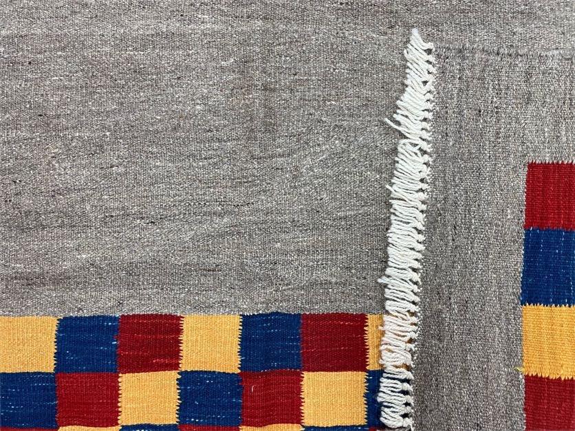 Gray Kilim Carpet, Yellow, Red, Blue Checkerboard Pattern, Flatweave, New, Geometric, Hand-Knotted, Wool, Turkish Area Rug, 5' 9" x 7' 9" - Jewel Rugs, view 11