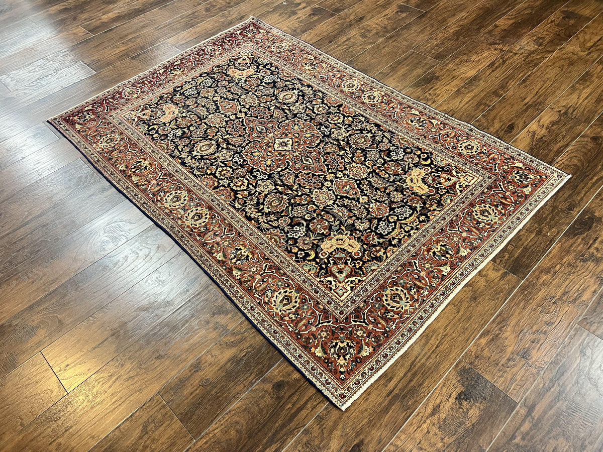 Persian Kashan Rug 4x7, Floral Medallion Vintage Handmade Hand Knotted Navy Blue & Red Wool Oriental Carpet, Highly Detailed Semi Antique Rug - Jewel Rugs, view 13
