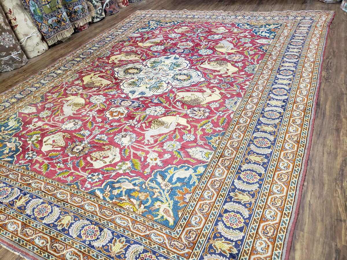 Antique Turkish Sivas Area Rug 8x11, Hand-Knotted, Vintage Red Wool Carpet, Gazelles Lions, Boteh Border, 8' x 11' Top Quality Oriental Rug - Jewel Rugs, view 3