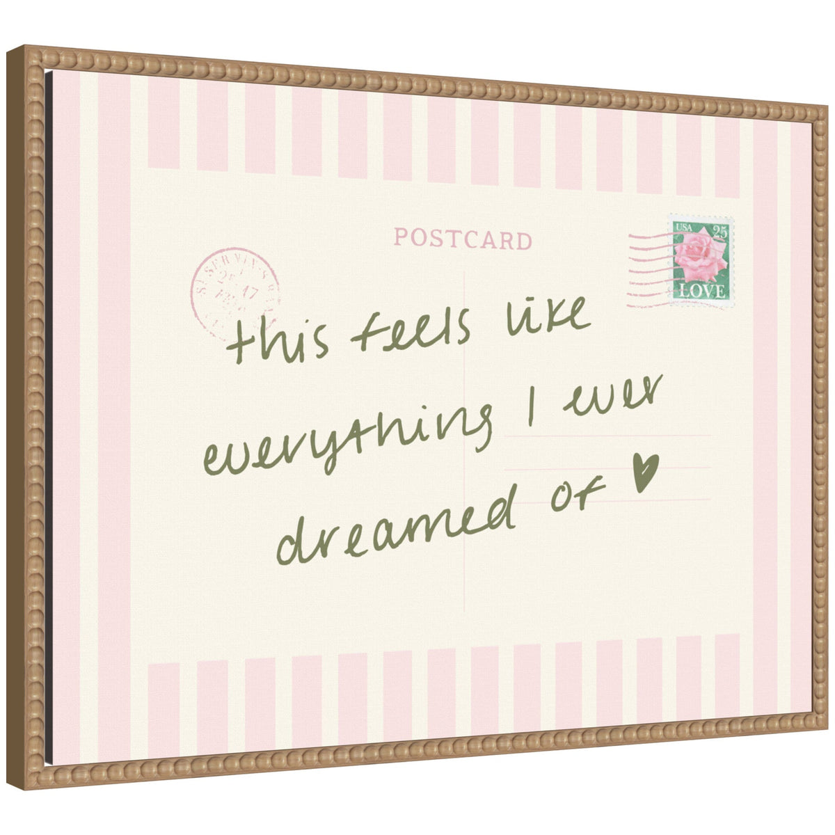 Vintage Postcard Print Pink Stripe Travel Dream by Lucky Guava Framed Canvas Wall Art Print