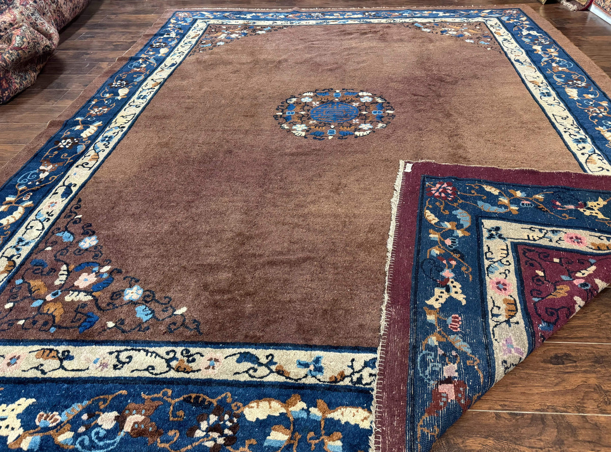 Antique Chinese Wool Rug 9x11, Large Chinese Art Deco Rug, Peking Rug, Brown and Blue, Open Field, Fete Rug - Jewel Rugs, view 11