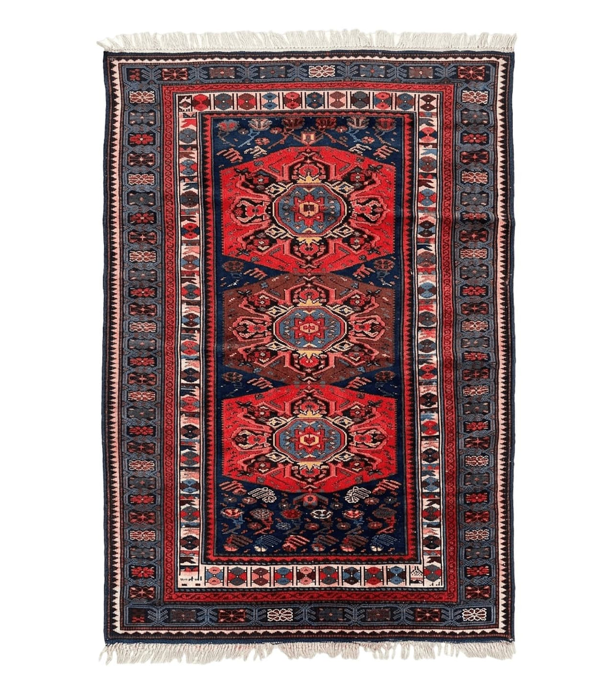 Antique Caucasian Seychour Rug 3.7 x 5.5, Collectible Oriental Carpet, Navy Blue and Red, Fine Kuba Rug, Vintage Rug, Wool Hand Knotted Rug - Jewel Rugs