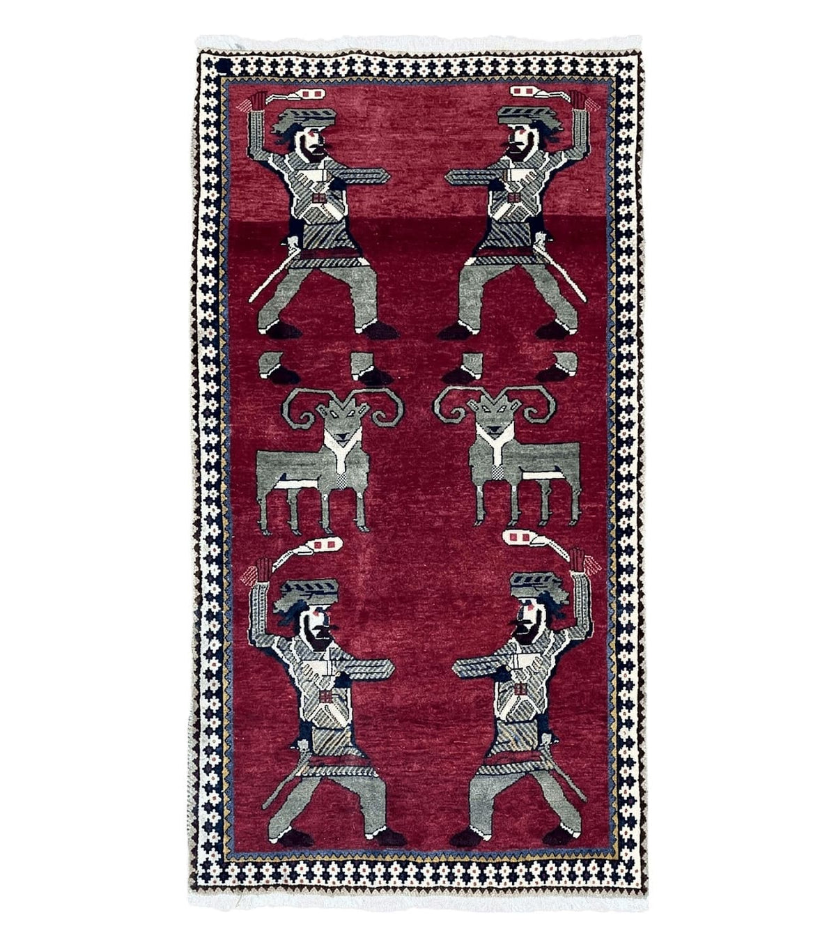 3 X 6 Handmade Wool Rug Tribal Balouch Warriors Deer Animal Pictorial Red Swords - Jewel Rugs