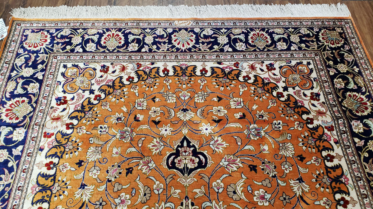 Vintage Persian Qum Silk Rug 4.6 x 6.7, Burnt Orange and Navy Blue, Antique Oriental Very Fine Signature Master Weaver 350+ KPSI Ghom Qom 5x7 Rug - Jewel Rugs, view 6