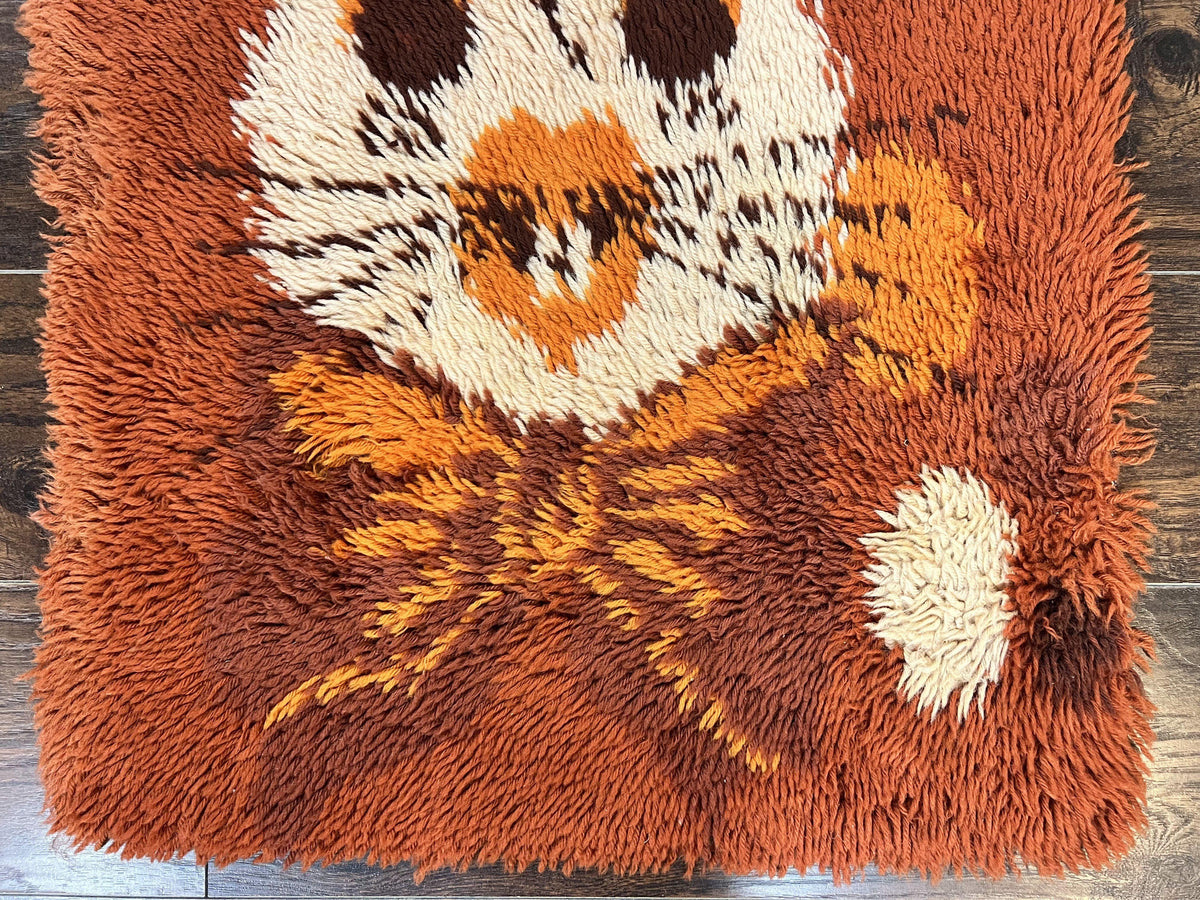 Rya Shag Rug 2x4, Rabbit in Top Hat, Wool, Orange, Vintage 1960s Danish Shag Rug - Jewel Rugs, view 6
