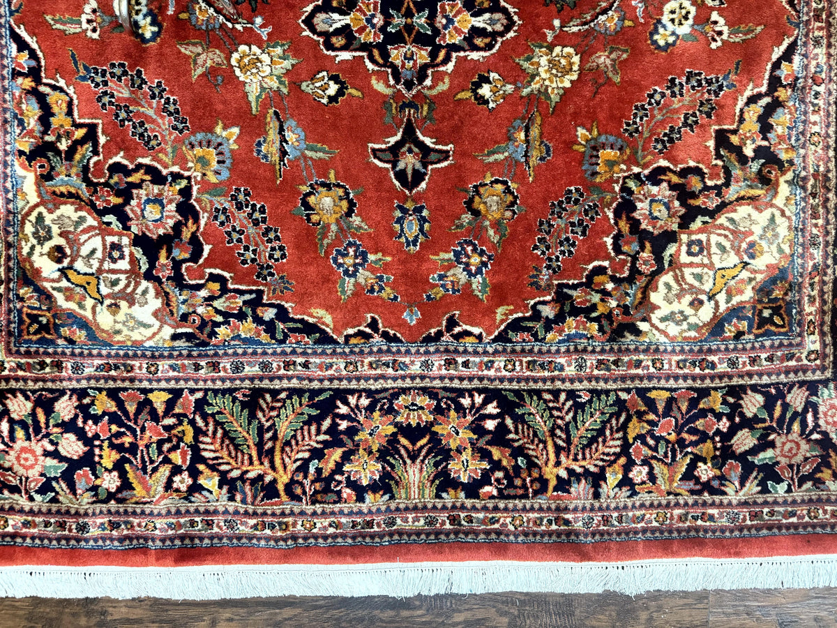 Indo Persian Rug 7x10, Vintage Handmade Wool Carpet, Floral Medallion Traditional Rug, Red and Midnight Blue - Jewel Rugs, view 6