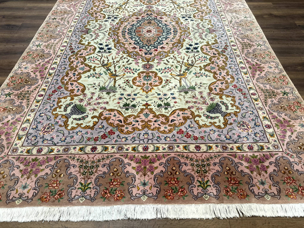 Wonderful Persian Tabriz Rug 7x10, Very Fine 330 KPSI, Light Green Light Blue Pink, Kork Wool Silk Foundation, Bird Pictorials - Jewel Rugs, view 6