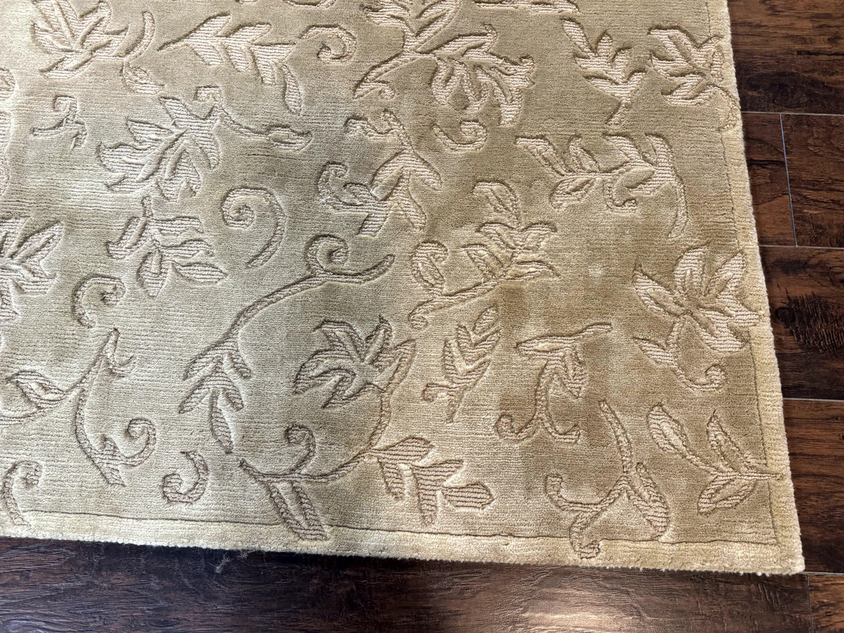 Modern Tibetan Rug 3.7 x 5.5, Carved Floral Design, Wool and Silk Highlights - Jewel Rugs, view 10