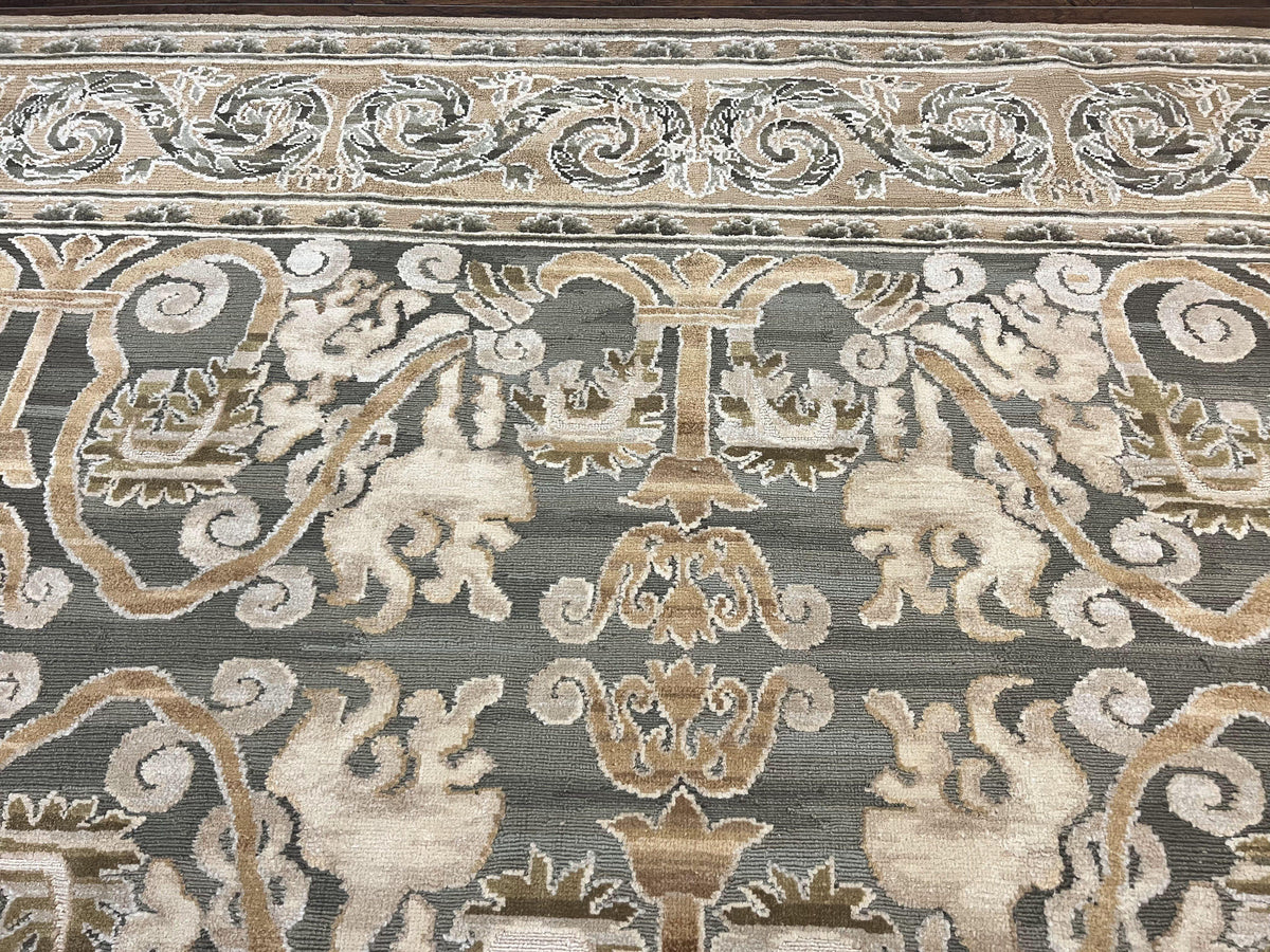 Spanish Rug 11x14, Wool Hand Knotted Vintage Carpet, Olive Green and Beige, Floral Allover, European Design, 11 x 14 Rug - Jewel Rugs, view 4