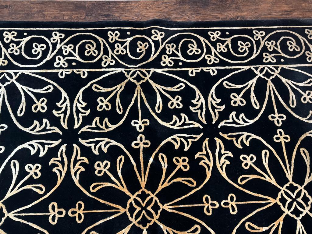 Tibetan Rug 8x10, Wool and Silk, Raised Pattern, Black and Gold, Floral - Jewel Rugs, view 4