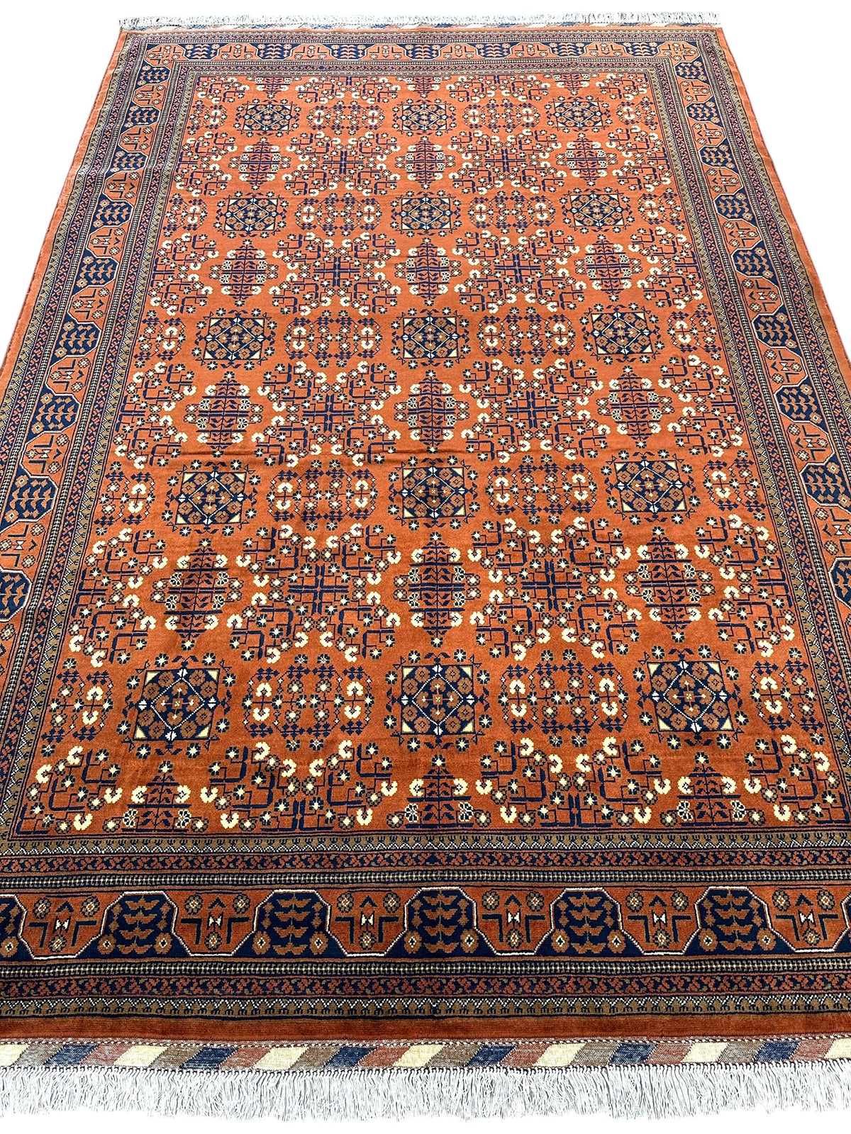 Afghan Turkmen Rug 7x10 | Orange, Navy & Ivory | Hand-Knotted Wool - Rugistan, view 2