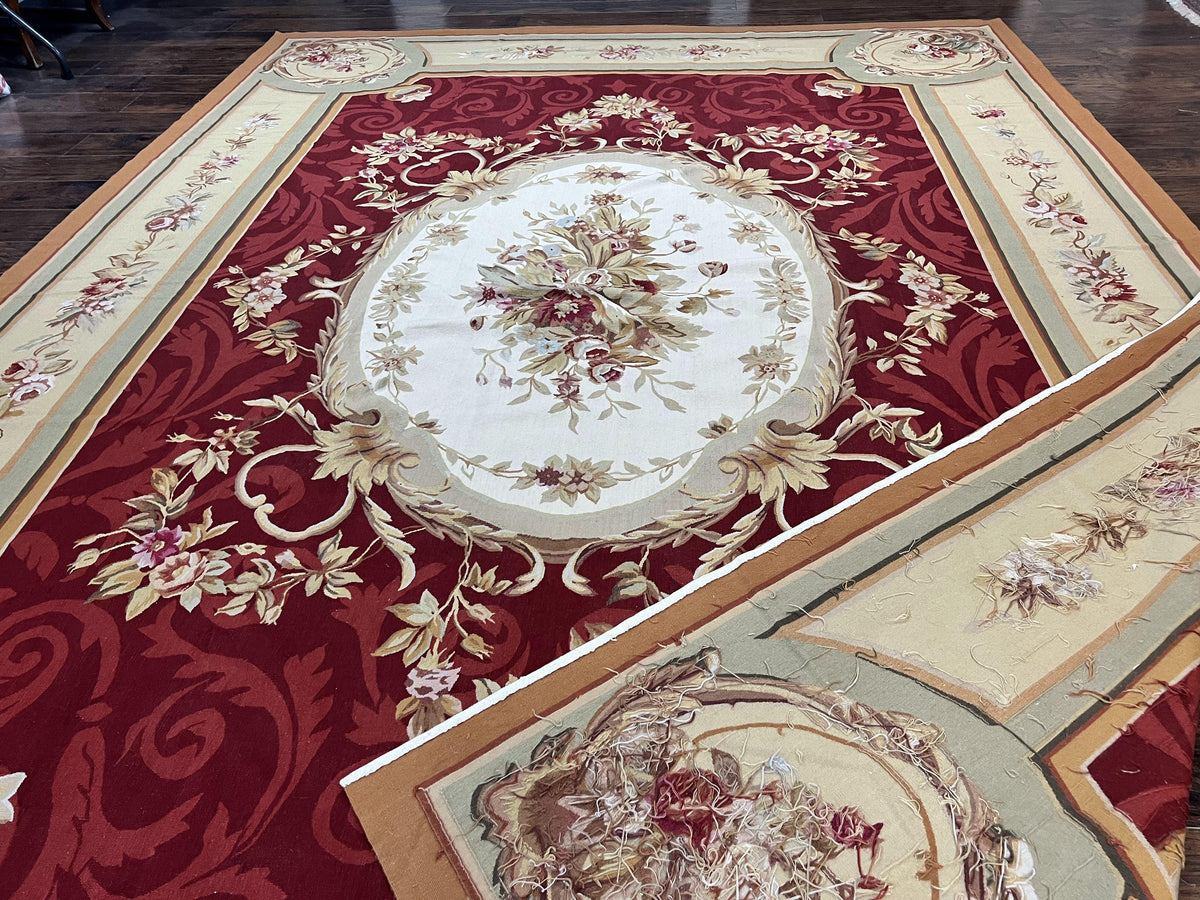 Large Aubusson Rug 10x14, Wool Handmade Vintage Carpet, Dark Red Ivory Tan, French European Elegant Aubusson Weave Rug - Jewel Rugs, view 12