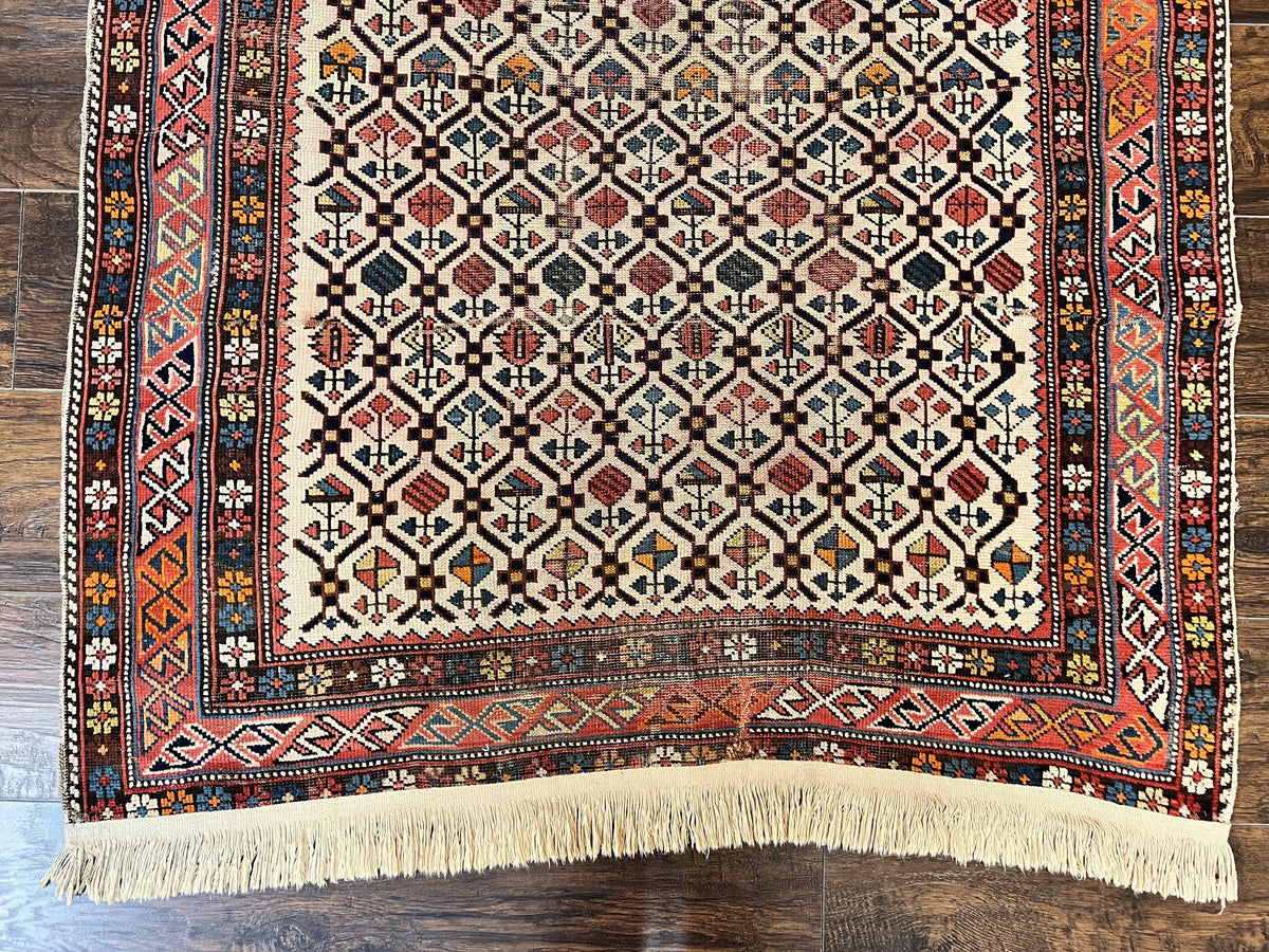 Antique Caucasian Rug 4x5, Hand Knotted Handmade Shirvan Oriental Carpet, Ivory Red Rug Allover Pattern, Rare Wool Rug, Tribal Geometric Rug - Jewel Rugs, view 4