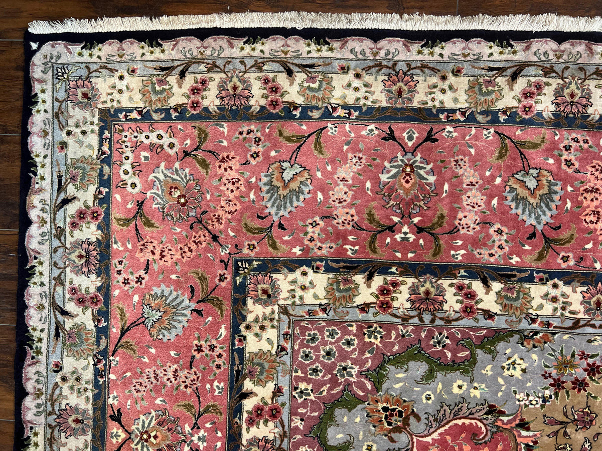 Magnificent Persian Tabriz Rug 11x16, Oversized Persian Carpet 11 x 16 ft, Wool on Silk Finely Hand Knotted, 450 KPSI, Floral Medallion, Black Pink - Jewel Rugs, view 6