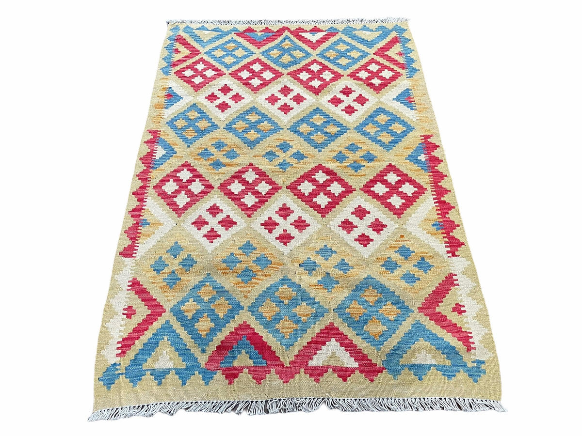 3x5 Kilim Rug Multicolor Tribal Kilim Rug 3 x 5 Tan Light Blue Red Beige New Turkish Anatolian Wool Kilim Flatweave Rug - Jewel Rugs, view 2