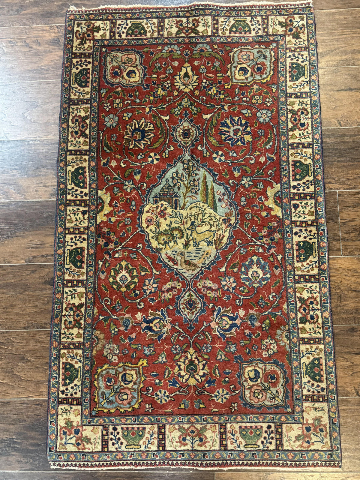 Small Persian Tabriz Rug 2.8 x 4.7, Red, Animal Pictorials, Semi Antique Vintage - Jewel Rugs, view 2