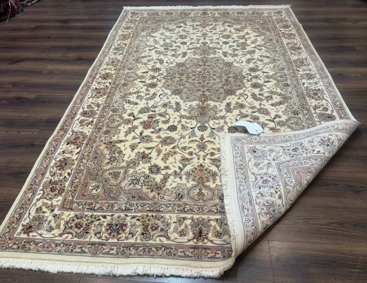 Sino Persian Rug 6x9, Floral Medallion, Ivory & Taupe, Wool with Silk Highlights, Fine 210 KPSI - Jewel Rugs, view 11