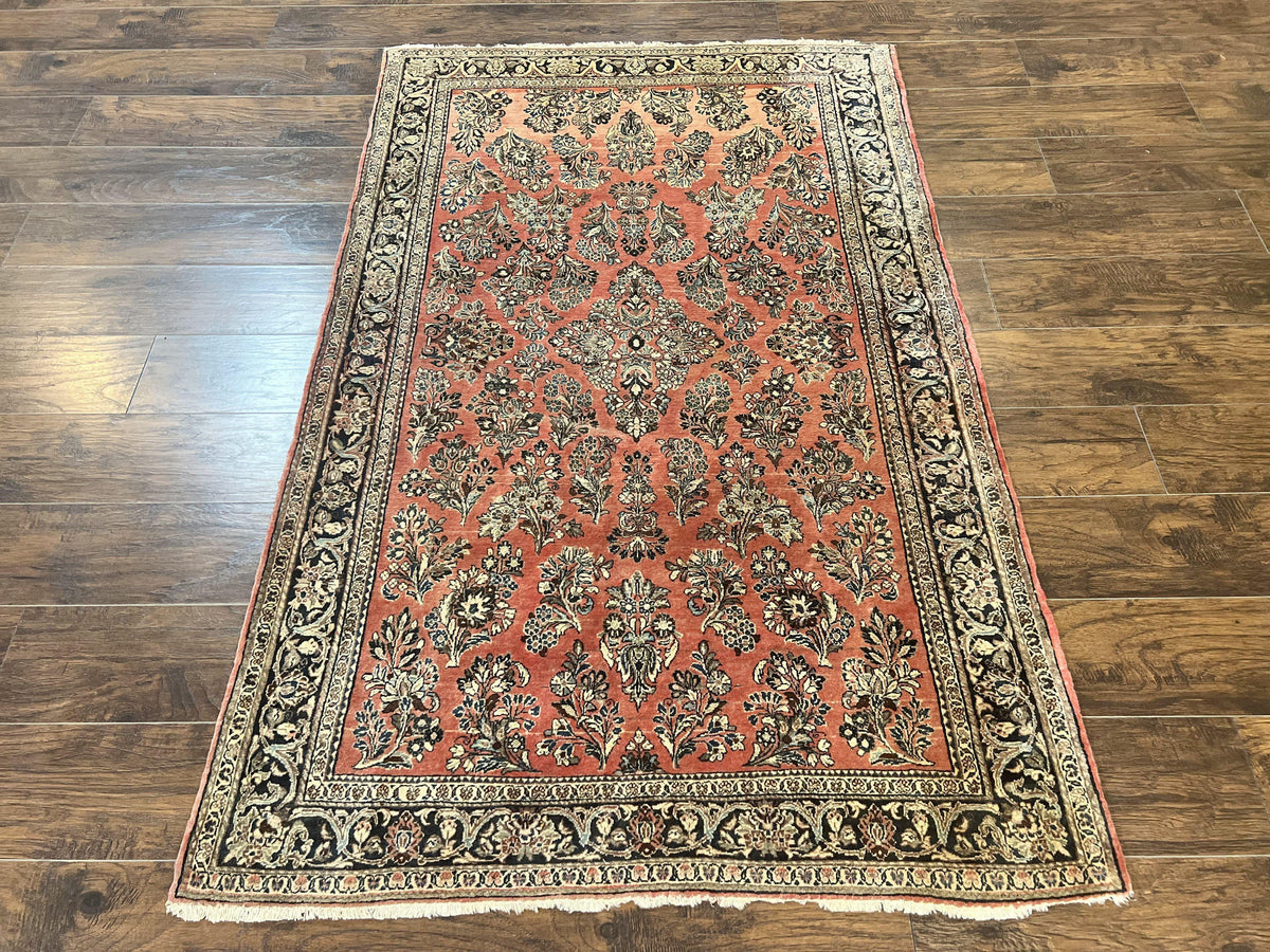 Antique Persian Sarouk Rug 4x7, Hand Knotted Wool Red Persian Carpet, Floral, Fine 300 KPSI - Jewel Rugs