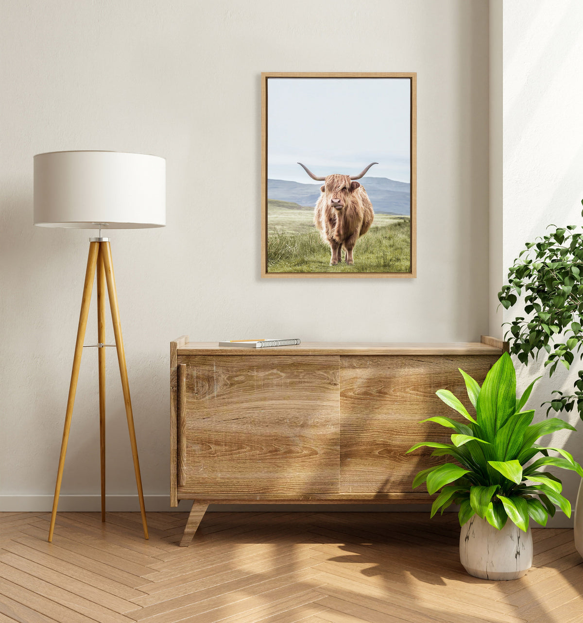 Sylvie Highland Cow Mountain Landscape Framed Canvas by The Creative Bunch Studio
