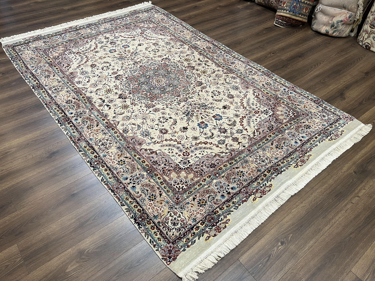 Beautiful Pak Persian Rug 6x9, Floral Medallion, Wool and Silk, Highly Detailed Elegant Carpet, Vintage Oriental Rug 6 x 9, Cream and Gray - Jewel Rugs, view 12