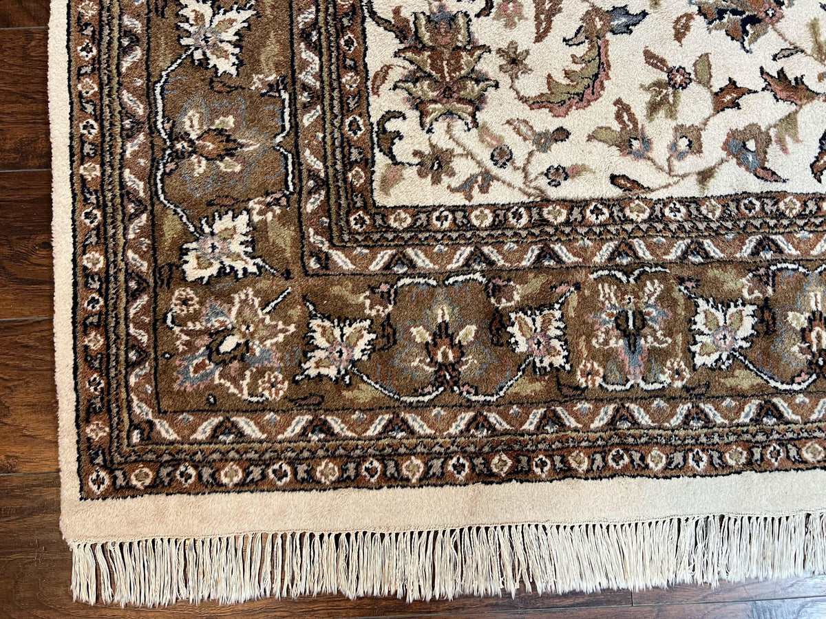 Indo Kirman Rug 8x12 Allover Floral Design, Ivory/Cream Brown, Vintage Handmade Hand Knotted Rug, Traditional Wool Persian Carpet 8 x 12 - Jewel Rugs, view 9