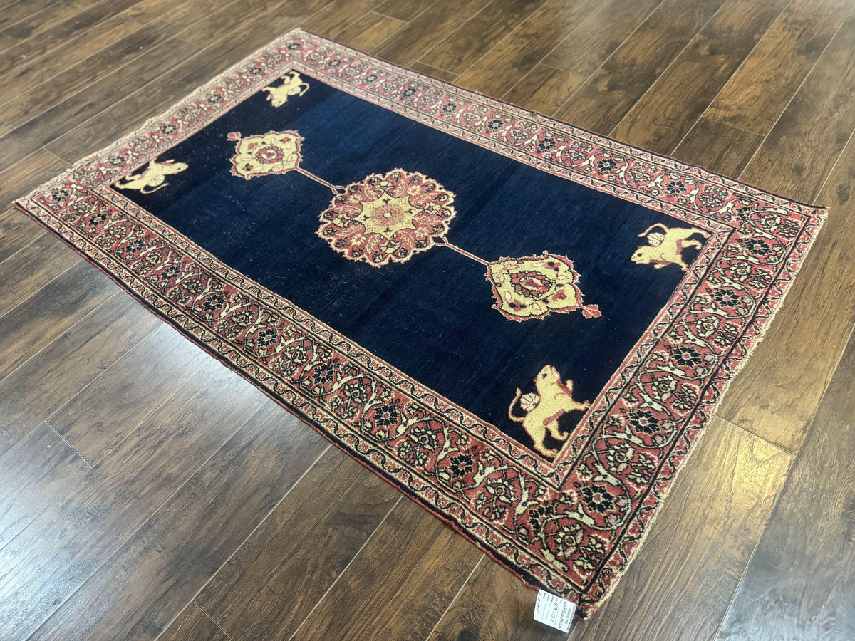 Antique Persian Mashad Rug 4x6, Semi Open Field, Navy Blue, Lion Pictorials, Triple Medallion, Dorokhsh Rug - Jewel Rugs, view 13