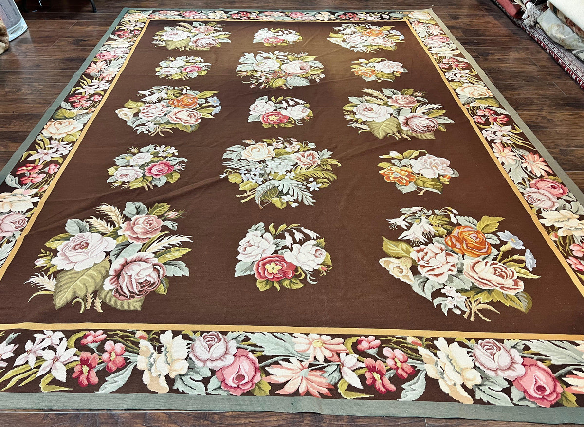 Vintage Needlepoint Rug 9x12, Large Handmade Hand-woven Needlepoint Carpet, Brown Area Rug, Floral Bouquets, Wool Rug, European Design - Jewel Rugs, view 2