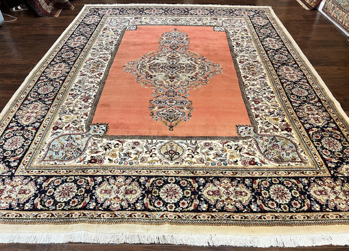 Persian Tabriz Rug 10x13, Wool Hand Knotted Vintage Carpet, Salmon Red & Ivory, Semi Open Field, Birds & Animal Motifs, Large Rug - Jewel Rugs